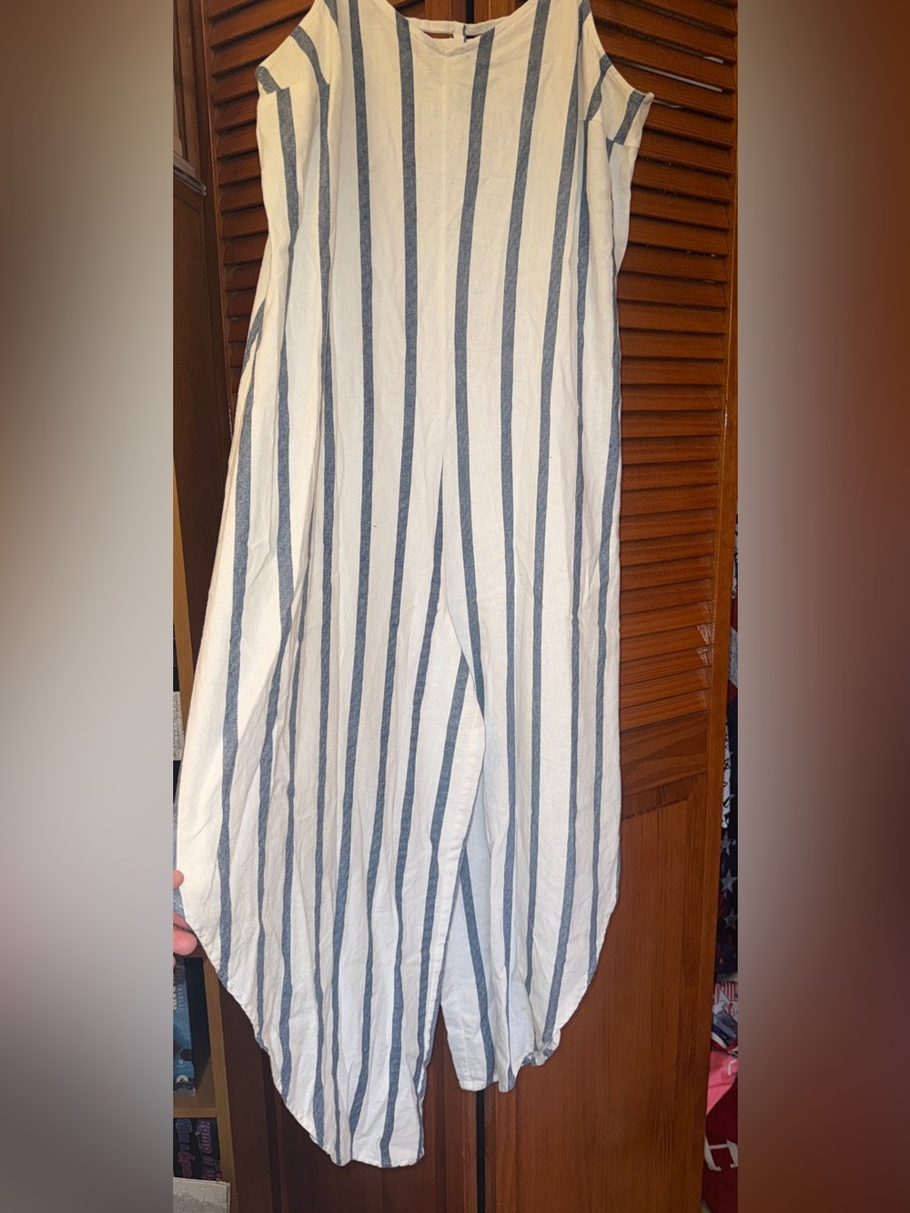 Everlily linen blend romper Blue /white stripes asymmetrical crop wide leg Small